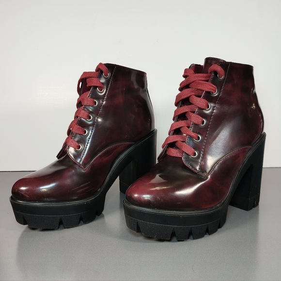 Bamboo Jonas-02 Dark Burgundy Chunky Ankle Boots with Lug Sole Size 9 - Picture 2 of 16